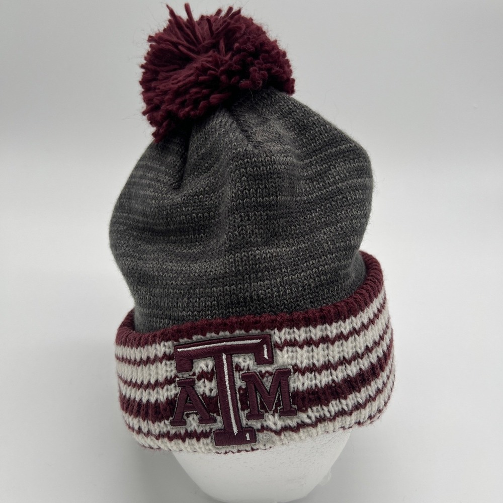 Adidas Texas A&M Aggies Gray Maroon Striped Pom Cuffed Knit Beanie Hat OSFA - Picture 5 of 5